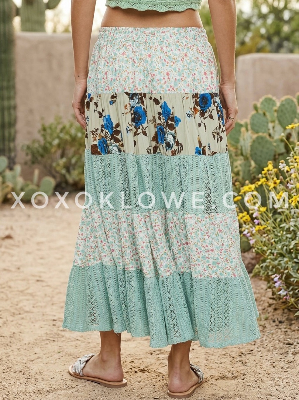 POL Sage Green Floral Patchwork Maxi Skirt | Mint Boho Tiered Lace Flowy - Picture 8 of 10